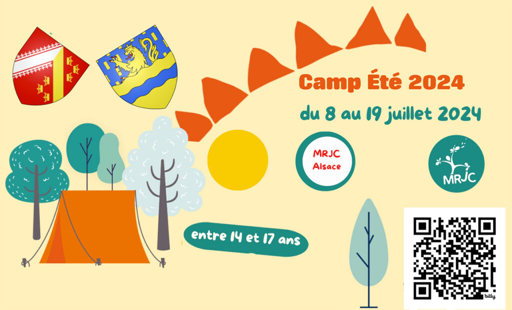 Camp d'été dans le Doubs à Pontarlier sous tente à partir de Strasbourg du 8 au 19 juillet 2024 pour les 14-17 ans. Talon d'inscription à envoyer au MRJC Alsace avant le 30 mai accompagné d'un chèque d'acompte de 50€ à l'ordre de 
